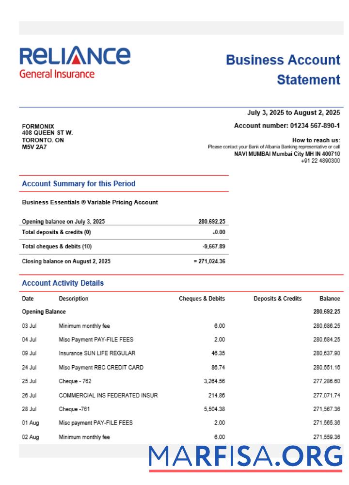 Downloadable Reliance General Insurance Company Limited organization checking account statement Word and PDF format sample